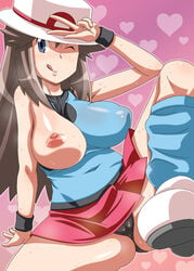 blush breast_slip breasts female human human_only leaf_(pokemon) long_hair nipples no_bra nori_(akusei_shinseibutsu) nori_(artist) one_breast_out panties pokemon pokemon_frlg pokemon_rgby sweat underwear v wink