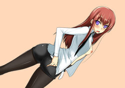 1girls ass belt black_legwear black_pantyhose blue_eyes blush breasts brown_hair female female_only legwear_under_shorts long_hair looking_back makise_kurisu necktie nipples no_bra open_clothes open_mouth open_shirt pantyhose purple_eyes shijou_sadafumi shijyo shirt shorts simple_background solo steins;gate thighs undressing