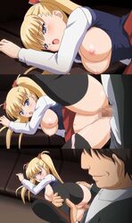 airi_akizuki animated ass blonde_hair blue_eyes blush bouncing_breasts bow breasts censored clothed_sex clothing female from_behind human large_breasts male nipples oni_chichi panties penis pussy pussy_juice sex skirt split_screen stockings straight