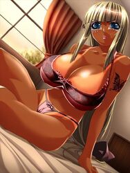 bed blonde_hair blue_eyes blue_hair bra breasts bursting_breasts cleavage dark-skinned_female dark_skin eyeshadow fuutou_shizune game_cg ganguro gyaru gyarufication hair ino large_breasts long_hair makeup oshioki_sweetie panties sitting smile window