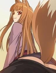 1girls animal_ears anus arm_support ass ass_cleavage brown_hair butt_crack clothing from_behind haruyama holo long_hair looking_at_viewer looking_back no_panties pants_pull pointy_chin red_eyes smile solo spice_and_wolf tail wolf_ears wolf_tail