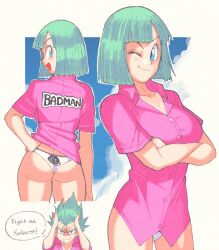 1girls blue_eyes blue_sky bulma bulma_(dragon_ball) bulma_briefs bulma_briefs_(androids'_saga) cloud cowboy_shot dragon_ball dragon_ball_z english_text female green_hair impersonation inkuusan looking_back_at_viewer mens_shirt mockery mooning multiple_poses no_pants panties pink_shirt solo speech_bubble twisted_neck white_panties