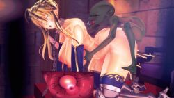 3d artist_request artoria_pendragon artoria_pendragon_(fate) artoria_pendragon_(lancer) blonde_hair bondage chains creampie fate/grand_order fate_(series) goblin goblin_male light-skinned_female light_skin mounted slave slave_collar