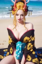 3dcg ai_generated beach beast_pirates big_breasts black_maria blonde_hair blue_eyes breasts female female_only flower_in_hair geisha happie_(artist) horn horns kimono oiran one_piece realistic sea seaside sunny wano_country