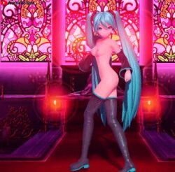 1girls 3d animated bangs black_sleeves black_thighhighs blue_eyes blue_hair color dance detached_collar female female_only functionally_nude hatsune_miku light-skinned_female light_skin long_hair nutsuki_suu project_diva sleeves thighhighs twintails vocaloid