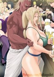 1boy 6+girls 7girls alcohol ass big_breasts black_hair blonde_hair breasts breasts_bigger_than_head curvy dark-skinned_male dark_skin female huge_breasts hyuuga_hinata ino_yamanaka interracial jealous kurenai_yuhi large_breasts male milf multiple_boys multiple_girls naruto naruto_shippuden nii_yugito pink_hair ponytail raikage raikage_art sake sakura_haruno samui smile tsunade watching