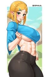 1girls abs blonde_hair breasts cromwellb female green_eyes hi_res huge_breasts light-skinned_female light_skin nintendo obliques outdoors png pointy_ears princess_zelda smile tears_of_the_kingdom the_legend_of_zelda thighs tights top_lift zelda_(tears_of_the_kingdom)