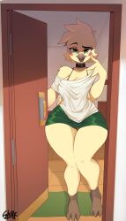 2022 anthro avian beak bedroom_eyes bird bottomwear breasts brooke_(simplifypm) clothed clothing collar digital_media_(artwork) door feet female green_eyes hi_res huge_hips looking_at_viewer narrowed_eyes seductive shorts sleakj3 solo thick_thighs wide_hips