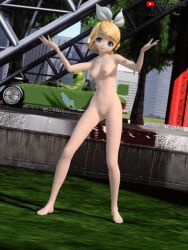 3d 3d_(artwork) ass blonde_hair breasts completely_nude dancing exhibitionism female female_only kagamine_rin nipples nude nude_female project_diva public_nudity pussy short_hair small_breasts solo vocaloid wink