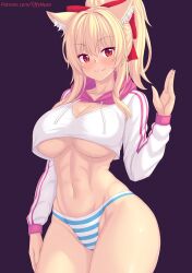 1girls 2023 animal_ears blonde_hair blue_panties blush bow breasts cleavage crop_top crop_top_hoodie fang hairbow hoodie large_breasts looking_at_viewer navel no_pants original panties patreon_username ponytail red_eyes standing striped_panties tagme thighs tiffy tiffynyaa underboob_peek