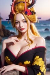 3dcg ai_generated beach beast_pirates big_breasts black_maria blonde_hair blue_eyes breasts female female_only flower_in_hair geisha happie_(artist) horn horns kimono oiran one_piece realistic sea seaside sunny wano_country