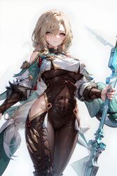 1girls ai_generated bare_hips big_breasts blonde_hair blush bodysuit breast_curtains closed_mouth cocolia_rand cosplay covered_navel crossover genshin_impact hair_over_one_eye hi_res hip_vent holding_spear honkai:_star_rail long_hair looking_at_viewer mature_female milf navel shenhe_(genshin_impact)_(cosplay) solo spear thick_thighs thighs tight_clothing white_background wide_hips