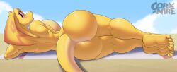 anthro ass beach big_ass big_breasts breast_grab breasts feet female female_only gobanire hi_res looking_at_viewer nude nude_female outside red_sclera reptile scales scalie seaside sees sees_game snake soles solo tail thick_thighs thighs toes twitter yellow_body yellow_scales