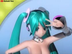 1girls 3d animated bangs big_breasts blue_eyes blue_hair breasts color detached_collar detached_sleeves female female_only functionally_nude hatsune_miku headset light-skinned_female light_skin long_hair nipples nutsuki_suu project_diva sleeves solo twintails vocaloid