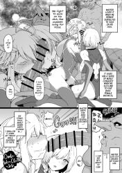 1monster 2girls artoria_pendragon artoria_pendragon_(lancer) bare_thighs big_breasts big_penis black_and_white blowjob boob_window cleavage collaborative_fellatio crown cum cum_in_mouth double_fellatio doujinshi ejaculation exposed_shoulders fate/grand_order fate_(series) fellatio goblin goblin_male interspecies large_breasts large_penis leotard licking_penis looking_at_viewer looking_back mash_kyrielight medium_breasts mind_break mind_control monochrome monster monster_sex netorare ntr thick_thighs thigh_strap tiara unnecessary_censorship