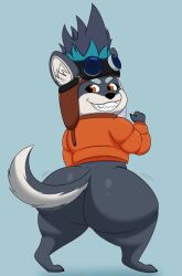 anthro ass big_butt blue_body blue_fur bottomless brewster_(dislyte) canid canine canis clothed clothing colossalstars dislyte domestic_dog eyewear fur goggles hi_res looking_back male male_focus male_only mammal orange_eyes solo thick_thighs topwear