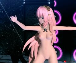 1girls 3d animated animated_gif anime_style blue_eyes bouncing_breasts female megurine_luka naked naked_female nudist pink_hair project_diva project_diva_(series) spinning vocaloid