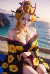 3dcg ai_generated beach beast_pirates big_breasts black_maria blonde_hair blue_eyes breasts female female_only flower_in_hair geisha happie_(artist) horn horns kimono oiran one_piece realistic sea seaside sunny wano_country