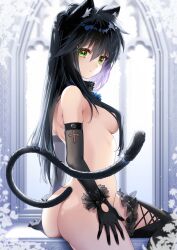 animal_ears ass biwa_ton10 black_gloves black_hair cat_ears cat_tail collar covered_nipples gloves green_eyes hair_over_breasts hair_over_one_breast highres nude original tail thighhighs windowsill