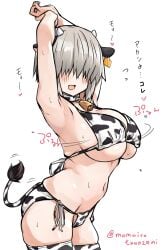 arms_above_head bikini blush bouncing_breasts breasts cow_print cow_print_bikini cow_print_legwear fake_animal_ears fake_horns fake_tail female grey_hair hair_over_eyes hucow huge_breasts momoiro_tunozemi open_mouth pose short_hair shortstack swimsuit thick_thighs thighhighs thighs underboob uzaki-chan_wa_asobitai! uzaki_yanagi