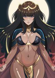 1girls absurdres artist_name black_hair blush breasts cape commentary covered_navel female female female_only fingernails fire_emblem fire_emblem_awakening full_moon gold_trim highres ihsnet jewelry large_breasts lips loincloth long_hair looking_at_viewer moon nail_polish navel nintendo parted_lips pelvic_curtain purple_eyes revealing_clothes signature simple_background solo tharja_(fire_emblem) tiara turtleneck