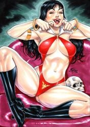 boots dynamite_comics ed_benes_studio fangs female fred_benes high_heels open_mouth sling_bikini solo spread_legs tagme vampire vampirella