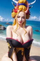 3dcg ai_generated beach beast_pirates big_breasts black_maria blonde_hair blue_eyes breasts breasts_out female female_only flower_in_hair geisha happie_(artist) horn horns nipple_slip nipples oiran one_piece realistic sea seaside sunny wano_country