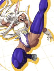 1girls animal_ears bunny_ears cahryos dark-skinned_female dark_skin eyelashes female female_only gloves kicking leotard long_hair martial_arts miruko muscular muscular_female my_hero_academia open_mouth red_eyes rumi_usagiyama smile solo spread_legs thick_thighs thighhighs thighs white_hair