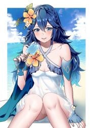 1girls adapted_costume alternate_costume alternate_hairstyle ameno_(a_meno0) bikini blue_eyes blue_hair blush braid breasts crown_braid female female female_only fingerless_gloves fire_emblem fire_emblem_awakening fire_emblem_heroes gloves long_hair looking_at_viewer lucina_(fire_emblem) navel nintendo official_alternate_costume open_mouth see-through small_breasts smile solo swimsuit white_bikini white_swimsuit