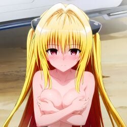 ai_generated beach blonde_hair blush breasts covered_nipples crossing_arms flustered golden_darkness hentai_world long_hair red_eyes sea seaside to_love-ru to_love-ru_darkness topless