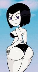 1girls back_view bell_haircut big_ass bikini black_bikini black_hair black_swimsuit blue_sky bob_cut cartoon_network color_edit dat_ass dc dc_comics edit female female_only goth_girl happy_female looking_at_viewer purple_eyes rachel_roth raven_(dc) scobionicle99 self_upload smiling_at_viewer smirking solo swimsuit teen_titans teen_titans_go white_skin