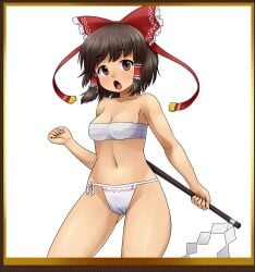 1girls breasts brown_eyes brown_hair cleavage d.koutya female female_only fundoshi hair_ribbon hi_res legs looking_at_viewer medium_breasts miko navel open_mouth reimu_hakurei sarashi solo thighs touhou