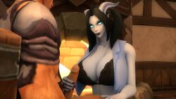 1boy 1girls 3d avanette blizzard_entertainment blue_skin dark_hair dialogue draenei handjob huge_breasts human human_(world_of_warcraft) interspecies kaelatheelf light-skinned_male light_skin original_character warcraft world_of_warcraft