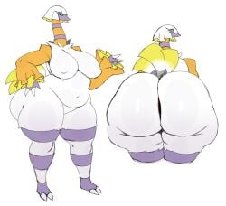 absurd_res anthro ass big_breasts big_butt blue_pupils blue_sclera breasts cuespatra espathra female generation_9_pokemon hair hi_res huge_butt looking_at_viewer looking_back multicolored_body navel nintendo nude pokemon pokemon_(species) pupils solo sssonic2 thick_thighs white_hair wide_hips yellow_eyes