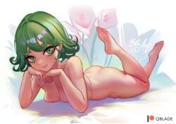 1girls 2d 2d_(artwork) artist_name ass blush breasts completely_nude completely_nude_female curly_hair feet feet_up female female_only flower full_body green_eyes green_hair leaning leaning_on_elbow looking_at_viewer lying lying_down lying_on_stomach nude nude_female on_stomach one-punch_man painted_nails painted_toenails pose post-timeskip qblade slight_blush smile smiling soles solo solo_female tatsumaki toenail_polish toenails