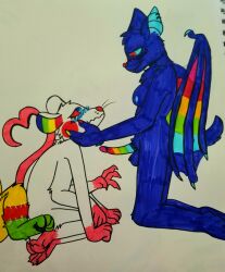 absurd_res albino anthro arachnid arthropod bat big_penis blush chimeracocks duo eye_contact female female/female genitals hand_on_cheek heart_tail hi_res hybrid kneeling looking_at_another mammal mood multi_arm multi_leg multi_limb multicolored_penis murid murine penis rainbow_penis rainbow_wings rat rem_e_dies rodent sparklecare spider uncensored wings