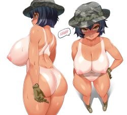 1girls back bare_shoulders black_hair blue_hair blush boots breasts bucket_hat camouflage camouflage_headwear casual censored collarbone exposed_torso female female_only footwear from_above from_behind full_body gloves green_footwear green_gloves hair_between_eyes hand_on_own_hip handwear hat headwear highres hitch_(hitch_driessen/perotoss400/kirochef) large_breasts looking_at_viewer military multiple_views navel nipples nude open_mouth original pussy rokmc_chan sharp_teeth short_hair smile speech_bubble spoken_blush stomach sweat swimsuit_tan tan tan-skinned_female tanline tanlines teeth thick_thighs thighs tomboy white_background yellow_eyes