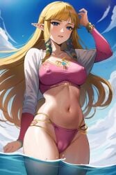 1girls ai_generated big_breasts bikini blonde_hair blue_eyes breasts covered_nipples female female_only long_hair looking_at_viewer nintendo osyasenpai outdoors pointy_ears princess_zelda solo solo_female stable_diffusion swimsuit the_legend_of_zelda very_long_hair zelda_(skyward_sword)