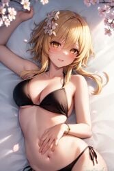 ai_generated belly belly_button bikini blonde blonde_female blonde_hair blush breasts genshin_impact looking_back lumine_(genshin_impact) lying medium_breasts sakura_petals seductive smile stable_diffusion underboob yellow_eyes