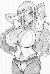 1girls ageha_(senran_kagura) arms_up blush cleavage collarbone eyebrows_visible_through_hair female ha_jin hands_behind_head huge_breasts looking_at_viewer monochrome navel nipple_bulge panties pantyhose senran_kagura shirt smile solo standing straight thick_thighs very_long_hair