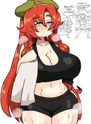 3girls big_breasts blush cleavage clothed_female hat holding_towel hong_meiling light-skinned_female muscular_female notnoe_(dxcl) red_hair remilia_scarlet sakuya_izayoi steam sweating tank_top text_bubble touhou training