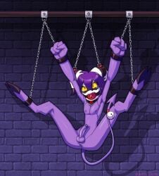 2023 absurd_res anthro ball_gag balls bell bodily_fluids bondage bondage bound bound_and_gagged brick_wall collar cuff_(restraint) demon demon_humanoid fan_character gag gagged genitals hair helluva_boss hi_res hooves horn humanoid jingle_bell lapinbeau male penis purple_body purple_hair purple_skin red_eyes restraints signature small_balls small_penis solo spade_tail tail tears wall_(structure) yellow_sclera