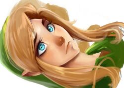 blond_hair blue_eyes confused_look eyelashes femboy feminine_male green_shirt horizontal hylian hylian_ears kim-sukley link painting_(artwork) pretty_boy red_nose the_legend_of_zelda the_legend_of_zelda:_a_link_between_worlds white_background