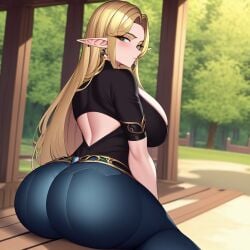 1girls ai_generated alborewimi ass belt big_ass big_breasts big_butt black_shirt blonde_hair blue_jeans blush boobs_and_butt_pose denim denim_bottomwear denim_clothing denim_jeans dumptruck_ass earrings elf elf_ears fat_ass female from_behind green_eyes heavenly_ass huge_ass huge_butt jeans jewelry levanta_cola_jeans light-skinned_female looking_at_viewer looking_back massive_ass massive_butt mature_female nai_diffusion outdoors pawg pointy_ears rear_view round_ass round_butt seductive showing_ass showing_off showing_off_ass sitting slutty_outfit solo solo_focus stable_diffusion suggestive taut_shirt tight_clothing tight_jeans