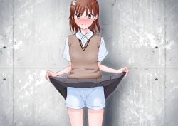 1girls 2020 2020s absurd_res against_wall bare_thighs blush brown_eyes brown_hair clothed clothed_female doujin_shimei embarrassed female flashing hi_res lifted_by_self looking_at_viewer matching_hair/eyes miniskirt misaka_mikoto open_mouth school_uniform schoolgirl short_hair shorts skirt skirt_lift solo standing teenage_girl teenager thighs to_aru_kagaku_no_railgun to_aru_majutsu_no_index tokiwadai_school_uniform white_shorts young