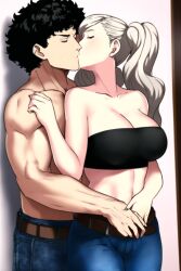 1boy 1girls ai_generated ann_takamaki atlus bare_shoulders belt big_breasts black_straplees female from_behind holding_hands hug_from_behind jeans kissing male megami_tensei midriff muscular muscular_male nai_diffusion older_male persona persona_5 stable_diffusion strapless suguru_kamoshida teacher topless_male unkempt_hair wavy_hair wrinkles