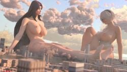 2girls 3d areolae big_breasts black_hair blindfold breasts female female_only giant_couple giantess hairband huge_breasts irelia_xan jessicagts league_of_legends light-skinned_female light_skin long_hair macro nier nier:_automata nipples nude nude_female short_hair sitting white_hair yorha_2b