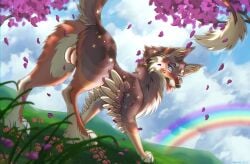 adelar_elric all_fours ambiguous_gender blue_eyes brown_body brown_fur canid canine canis domestic_dog feral fur genitals grass looking_back mammal outside plant pussy rainbow raised_tail rear_view solo tail tongue tongue_out