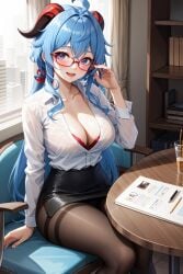 ai_generated blue_hair bra breasts busty cleavage fully_clothed ganyu_(genshin_impact) genshin_impact glasses horn large_breasts looking_at_viewer office_lady pantyhose purple_eyes red-framed_glasses red-tinted_eyewear secretary skirt stable_diffusion