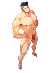 1boy abs bara beard blue_hair cigar completely_nude dark_blue_hair facial_hair flaccid foreskin from_above full_body highres large_pectorals male_focus male_only multicolored_hair muscular muscular_male nipples nude original pectorals rathalosx4 scar scar_across_eye seductive_smile short_hair smile smirk solo standing stomach streaked_hair thighs